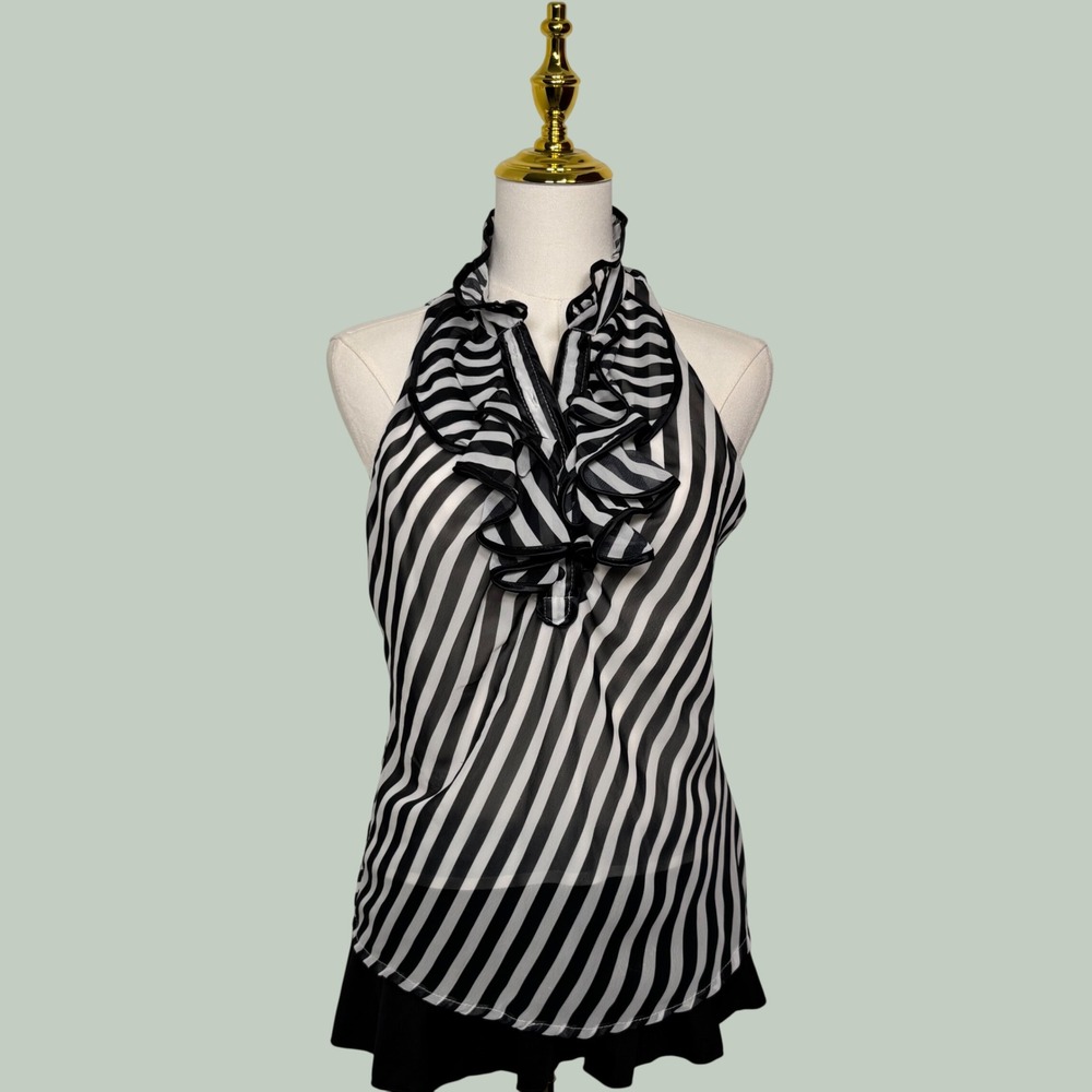 paper tee black white striped ruffle sheer blouse office siren coquette Y2K chic